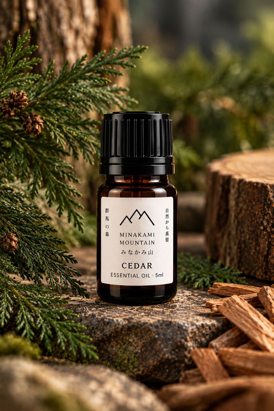 Cedar essential oil among cedar branches and wood shavings