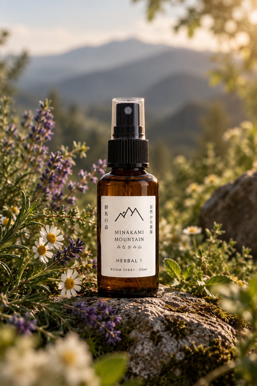 Herbal 1 room spray among lavender and chamomile above misty mountains