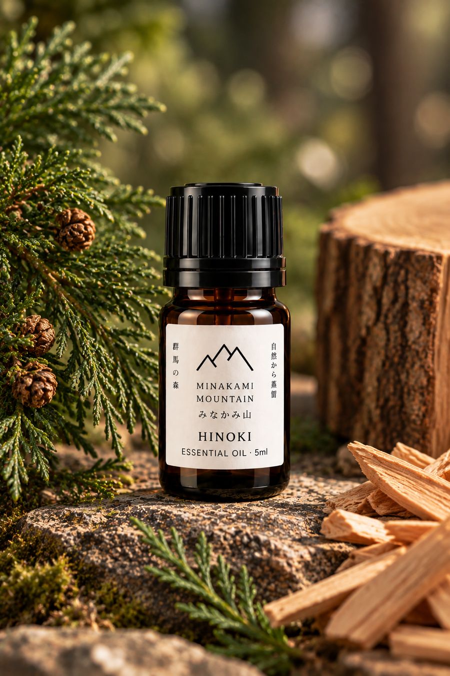 Hinoki essential oil beside a cut log