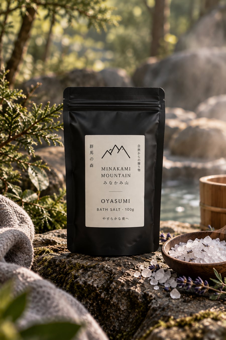 Oyasumi bath salt pouch on a mossy rock by a forest hot spring, with a bowl of salt